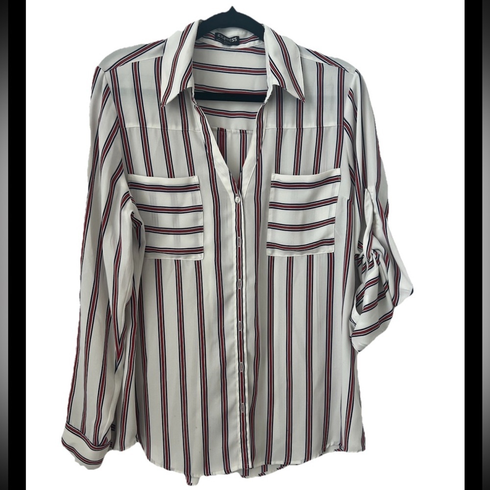 EXPRESS Top Blouse Shirt Convertible Sleeve White Blue Red Size L (0493)